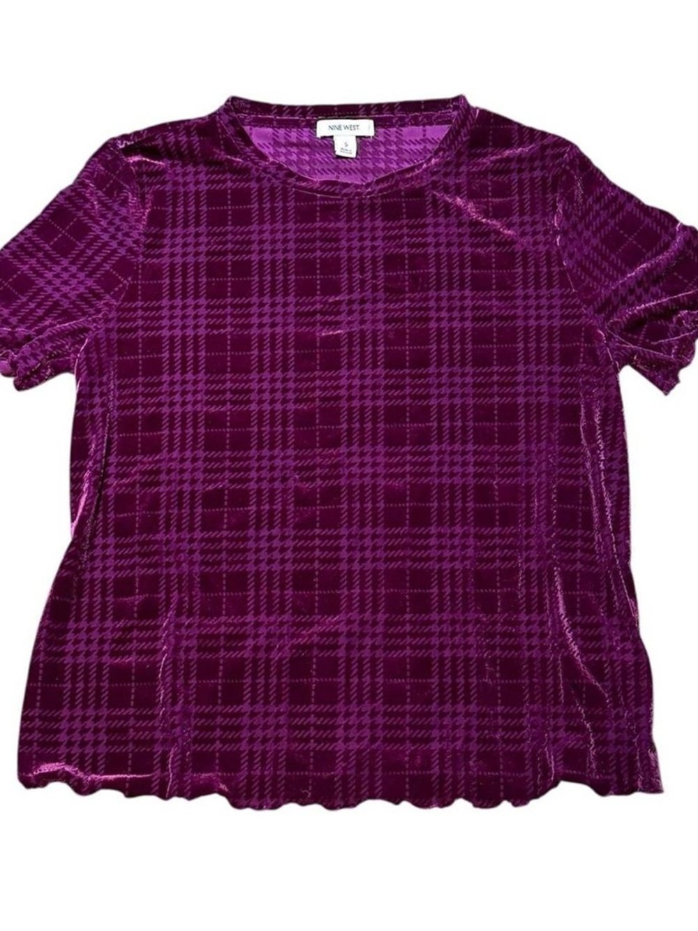 Nine West Purple Velvet Plaid Short Sleeve Tee